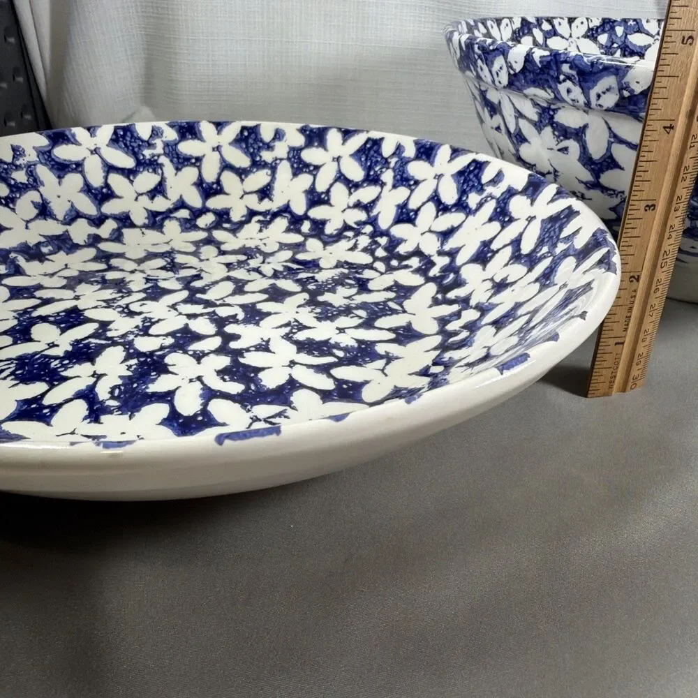 Vintage Pier 1 Italy Hand Painted Blue White Floral Serving Bowls 12
